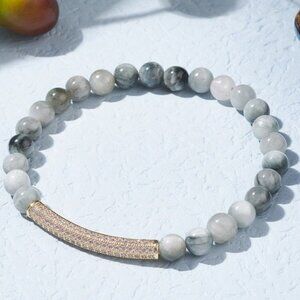 NWOT Round Natural Stone Hawk's Eye Beads Stretch Bracelet W Pave CZ